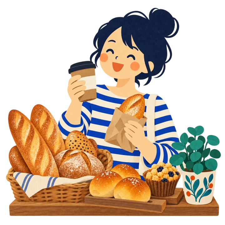 パンとコーヒーを楽しむ人のイラスト