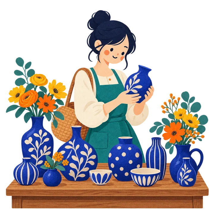 花や器を選ぶ人のイラスト